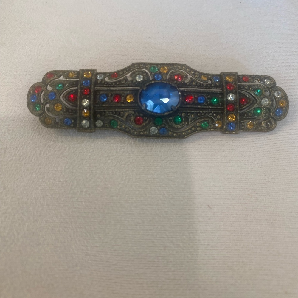 Vintage Multicolor Art Deco Brooch with Blue Gem
